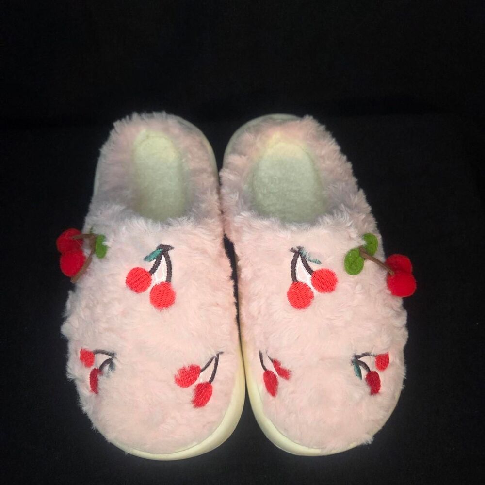 Fluffy Pink /Red Cherry Slippers Size 8
